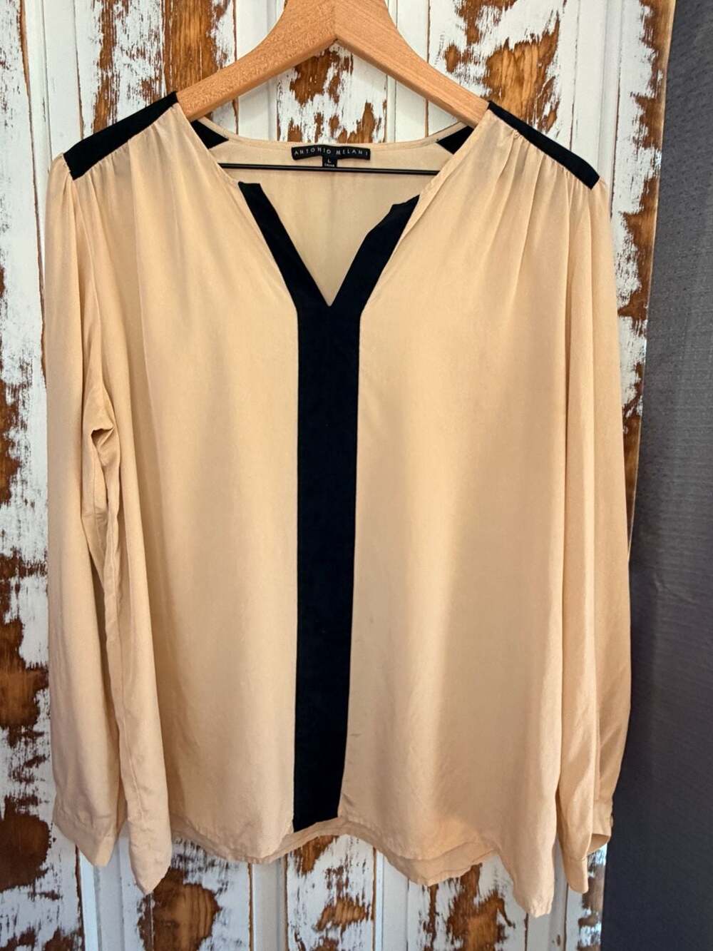 Antonio Melani Women's Silk Long Sleeve Blouse Beige with Black Trim Size L